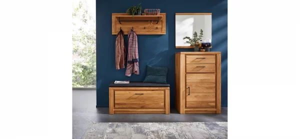 Schuhschrank Farmingdale - Eiche massiv, natur geölt mit Sitzkissen schwarz – Bild 2
