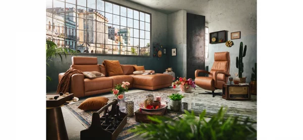 Ecksofa Balok - 2,5-Sitzer mit Longchair groß rechts, inkl. Relaxfunktion (motorisch) und Kopfstütze, Leder, Cognac – Bild 3