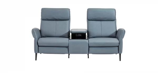 Sofa Fresno - 2-Sitzer inkl. Relaxfunktion motorisch mit Zwischenelement schwarz, inkl. Tisch/USB/Steckdose, Leder Hellblau