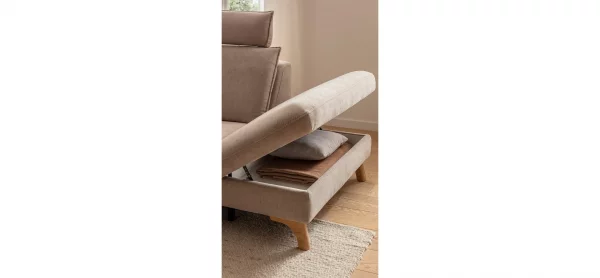 Ecksofa Tulsa KS - 2,5-Sitzer, Spitzecke und 1,5-Sitzer mit Anstellhocker aufklappbar rechts, inkl. Kopfstütze, AL verstellbar und Schlaffunktion, Stoff, Graubeige – Bild 5