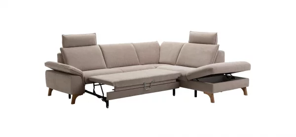 Ecksofa Tulsa KS - 2,5-Sitzer, Spitzecke und 1,5-Sitzer mit Anstellhocker aufklappbar rechts, inkl. Kopfstütze, AL verstellbar und Schlaffunktion, Stoff, Graubeige – Bild 10