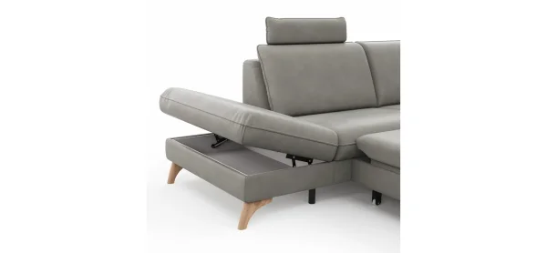 Ecksofa Tulsa KS - 1,5-Sitzer mit Anstellhocker aufklappbar links, Spitzecke und 2,5-Sitzer rechts, inkl. Kopfstütze, AL verstellbar und Schlaffunktion, Leder, Graubeige – Bild 4