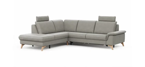 Ecksofa Tulsa KS - 1,5-Sitzer mit Anstellhocker aufklappbar links, Spitzecke und 2,5-Sitzer rechts, inkl. Kopfstütze, AL verstellbar und Schlaffunktion, Leder, Graubeige – Bild 5