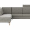 Ecksofa Tulsa KS - 1,5-Sitzer mit Anstellhocker aufklappbar links, Spitzecke und 2,5-Sitzer rechts, inkl. Kopfstütze, AL verstellbar und Schlaffunktion, Leder, Graubeige