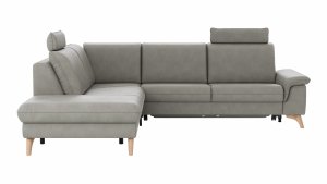 Ecksofa Tulsa KS - 1,5-Sitzer mit Anstellhocker aufklappbar links, Spitzecke und 2,5-Sitzer rechts, inkl. Kopfstütze, AL verstellbar und Schlaffunktion, Leder, Graubeige