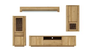 Wohnwand Bakersfield - sichtbare Rückwände mit Holzschindeln/Schubladenfront mit Schroppung, Asteiche massiv, geölt