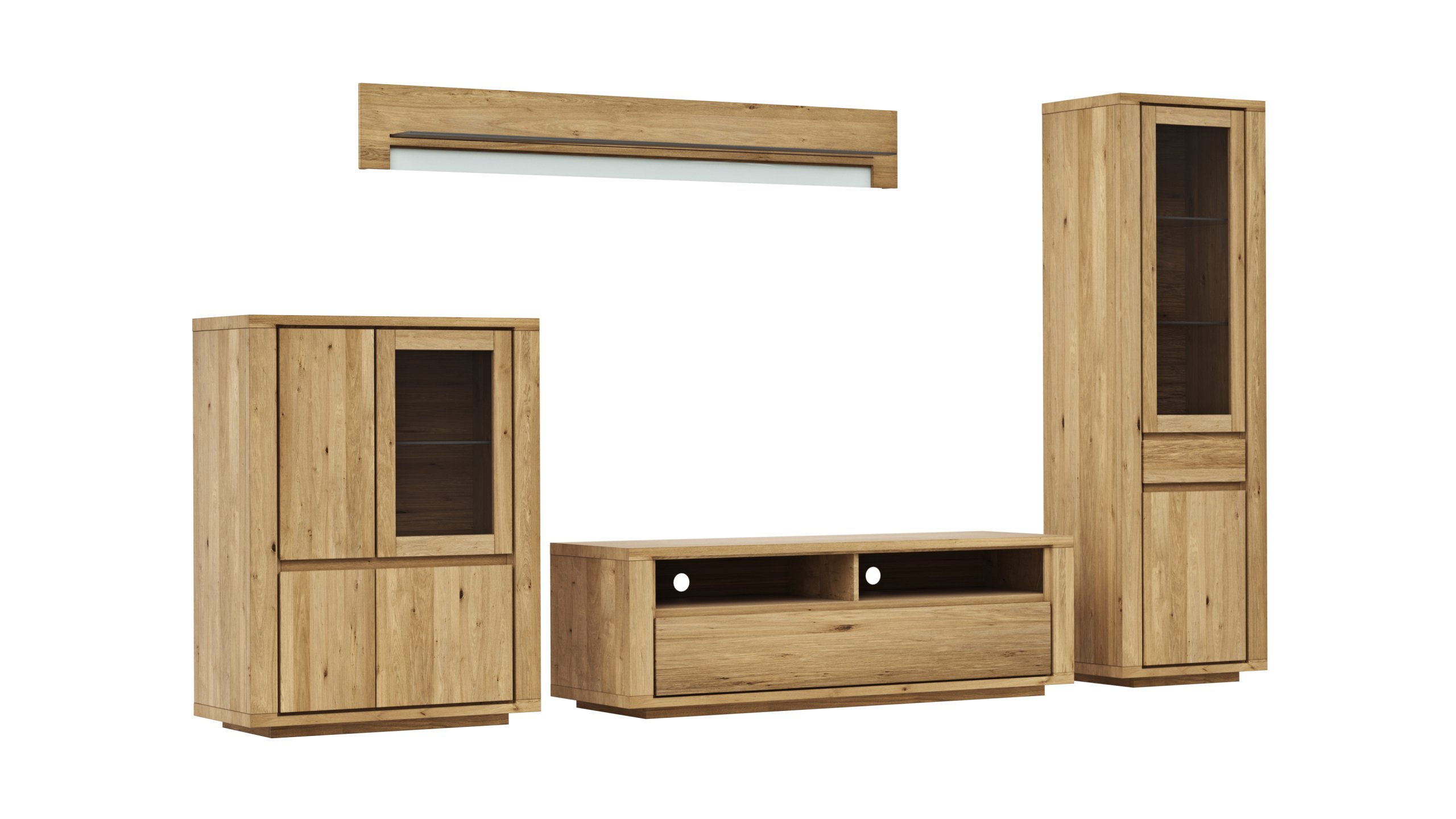 Wohnwand Bakersfield - sichtbare Rückwand und Schubladen geschroppt, Asteiche massiv, geölt