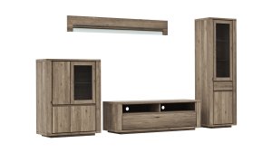 Wohnwand Bakersfield - sichtbare Rückwand und Schubladen geschroppt, Asteiche massiv, barrique