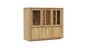 Highboard Bakersfield - inkl. Beleuchtung, Rückwand mit Holzschindeln, Asteiche massiv, geölt