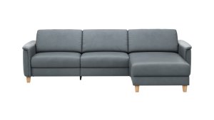 Ecksofa Mendoza - 2,5-Sitzer mit Longchair rechts, Relaxfunktion motorisch, Bettkasten, Leder, Eisengrau