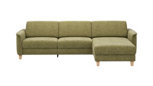 Ecksofa Mendoza - 2,5-Sitzer mit Longchair rechts, Relaxfunktion motorisch, Bettkasten, Stoff, Moos