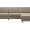Ecksofa Mendoza - 2,5-Sitzer mit Longchair rechts, Relaxfunktion motorisch, Bettkasten, Stoff, Latte