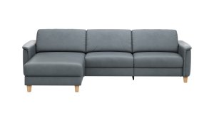 Ecksofa Mendoza – Longchair links mit 2,5-Sitzer, Relaxfunktion motorisch, Bettkasten, Leder, Eisengrau