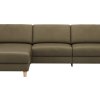 Ecksofa Mendoza – Longchair links mit 2,5-Sitzer, Relaxfunktion motorisch, Bettkasten, Leder, Braungrün