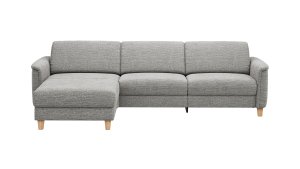 Ecksofa Mendoza – Longchair links mit 2,5-Sitzer, Relaxfunktion motorisch, Bettkasten, Stoff, Grau