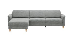 Ecksofa Mendoza – Longchair links mit 2,5-Sitzer, Relaxfunktion motorisch, Bettkasten, Stoff, Eisblau