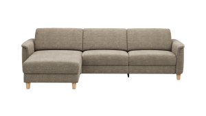 Ecksofa Mendoza – Longchair links mit 2,5-Sitzer, Relaxfunktion motorisch, Bettkasten, Stoff, Latte