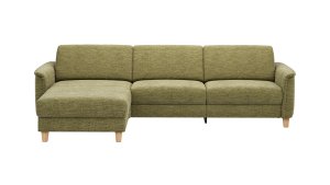 Ecksofa Mendoza - Longchair links mit 2,5-Sitzer, Relaxfunktion motorisch, Bettkasten, Stoff, Moos