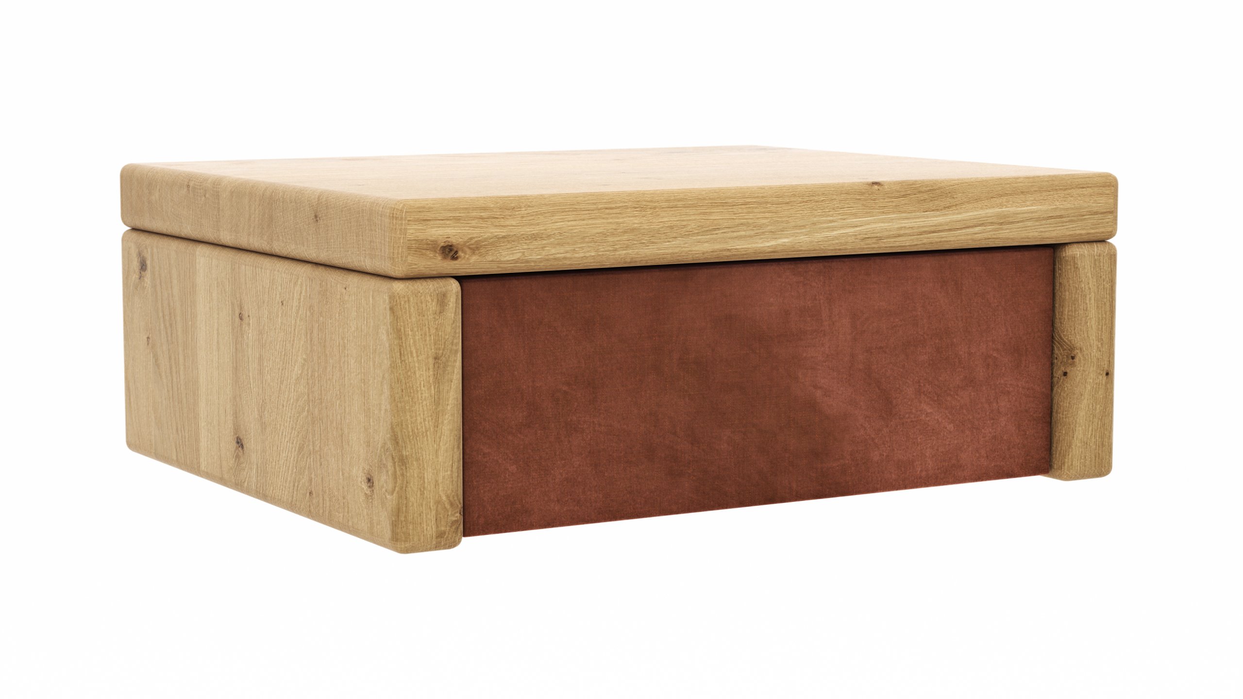 Nachttisch 1660 - Wildeiche massiv, geölt / Schubladenfront, Stoff, Kupfer