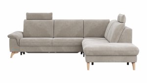 Ecksofa Tulsa KS - 2,5-Sitzer, Spitzecke und 1,5-Sitzer mit Anstellhocker aufklappbar rechts, inkl. Kopfstütze, AL verstellbar und Schlaffunktion, Stoff, Graubeige