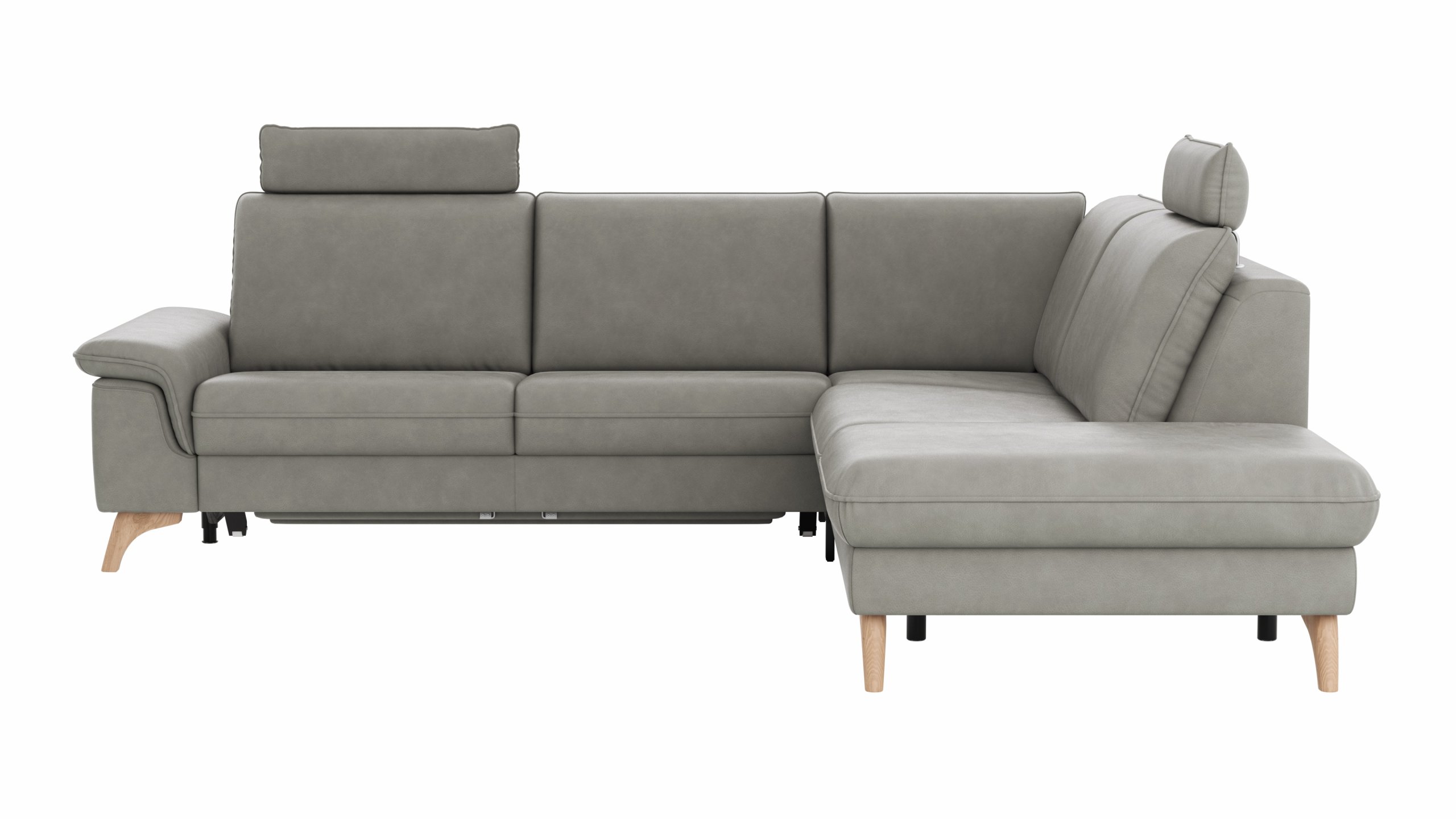 Ecksofa Tulsa KS - 2,5-Sitzer, Spitzecke und 1,5-Sitzer mit Anstellhocker aufklappbar rechts, inkl. Kopfstütze, AL verstellbar und Schlaffunktion, Leder, Graubeige