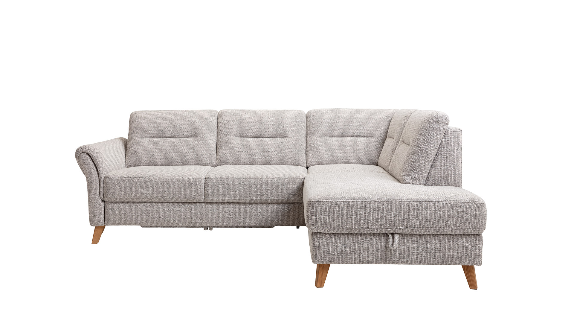 Ecksofa Almyra - 2,5-Sitzer mit Ottomane rechts, inkl. Schlaffunktion und Bettkasten, Stoff, Silbergrau