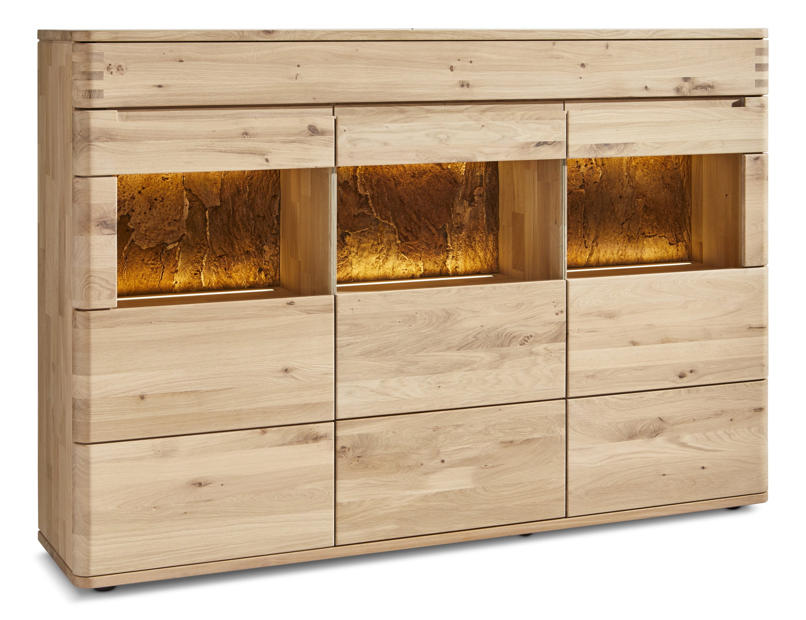 Highboard Cartago Soft - inkl. Beleuchtung, Wildeiche massiv, bianco geölt