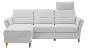 Ecksofa Vayra - Longchair links mit 2,5-Sitzer rechts, inkl. Relaxfunktion (motorisch) und Kopfstütze verstellbar (manuell), Stoff, Offwhite