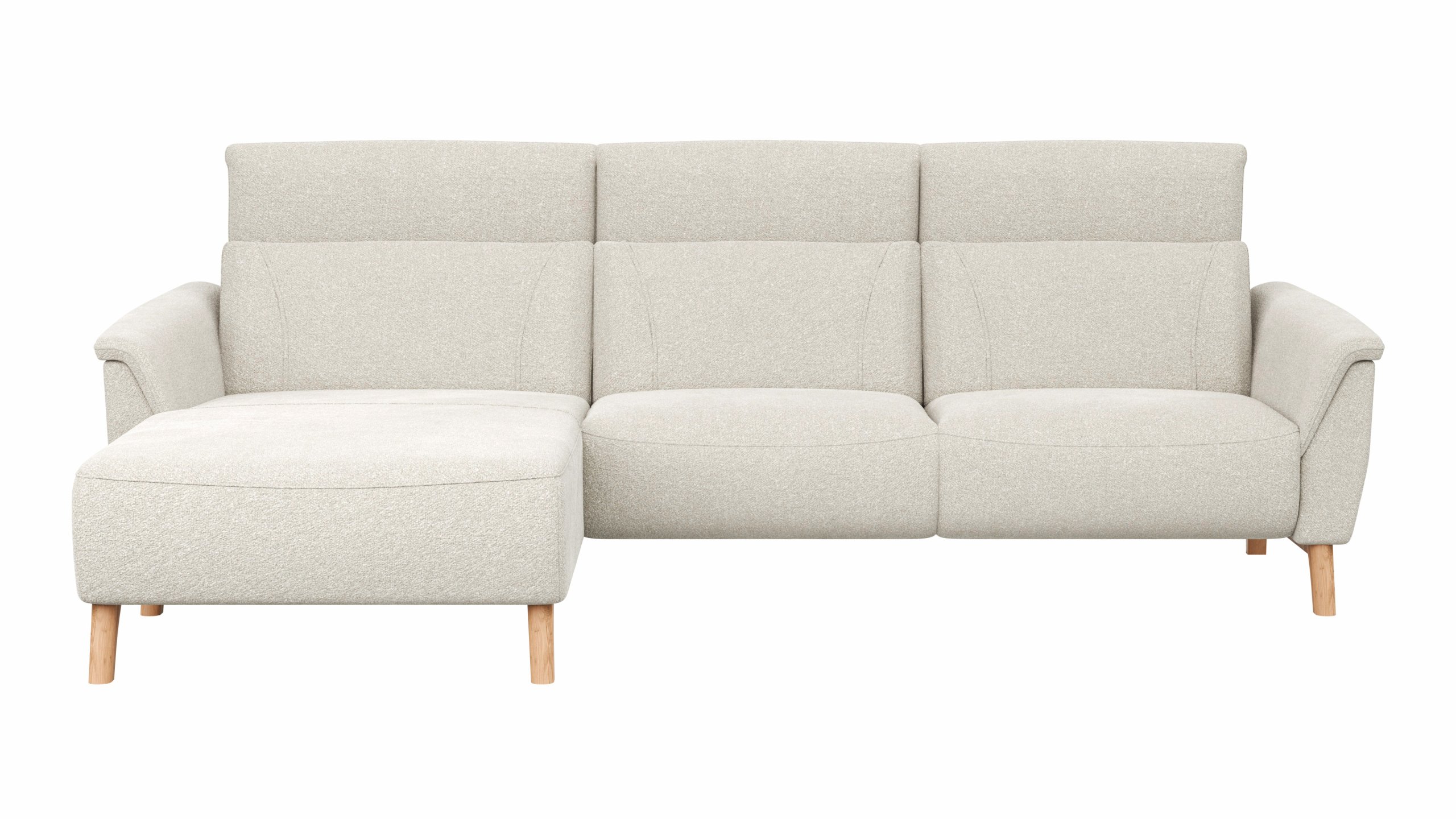 Ecksofa Nevin - Longchair links mit 2-Sitzer rechts, inkl. Kopfpolsterverstellung, Stoff, Weiß
