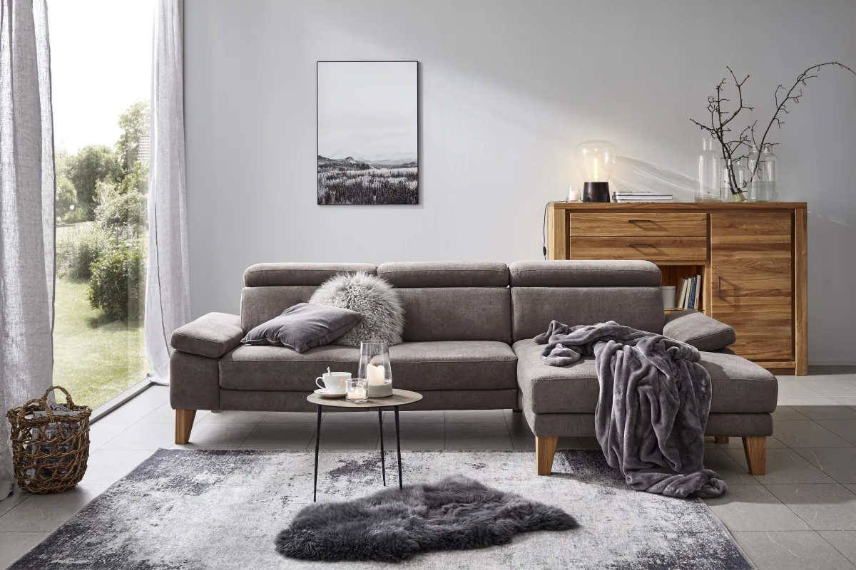 Ecksofa Hudson - 2,5-Sitzer mit Longchair rechts inkl. Kopfteil verstellbar, Stoff, Steingrau – Bild 5