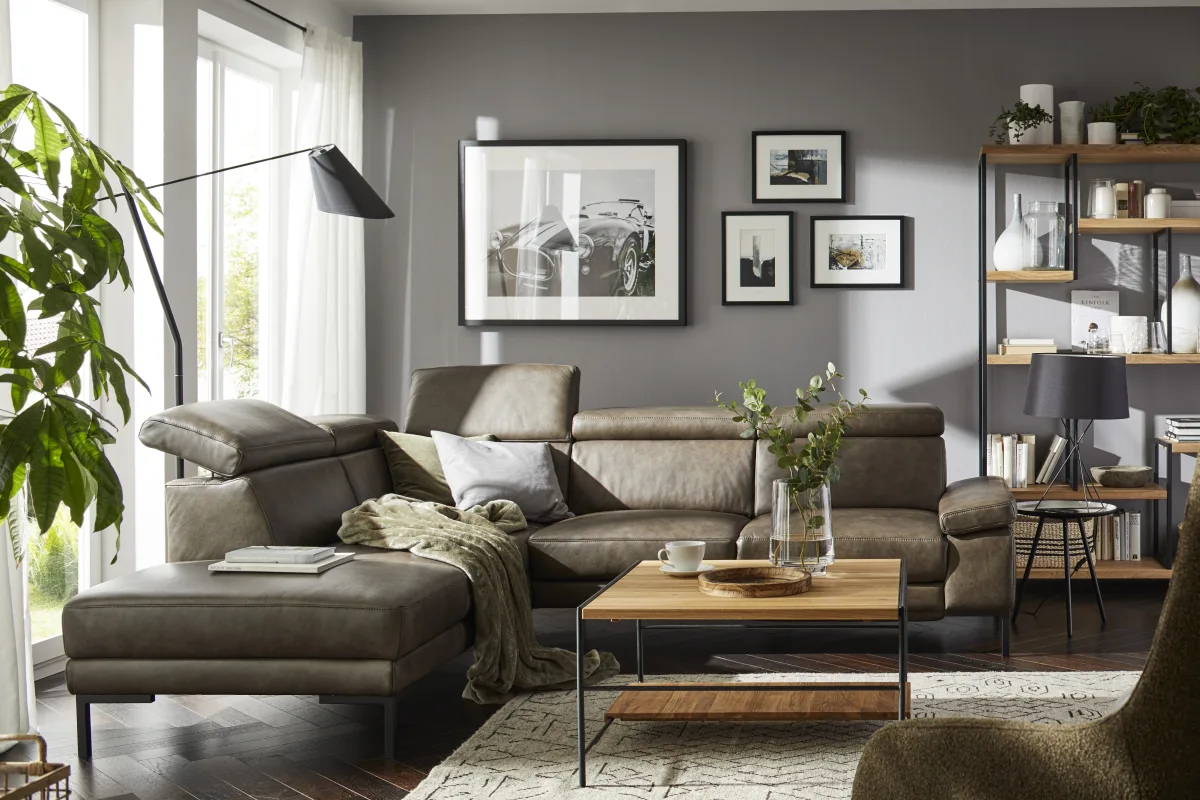 Ecksofa Hudson - Ecke links mit 2,5-Sitzer inkl. Kopfteil verstellbar, Leder, Braungrün – Bild 5