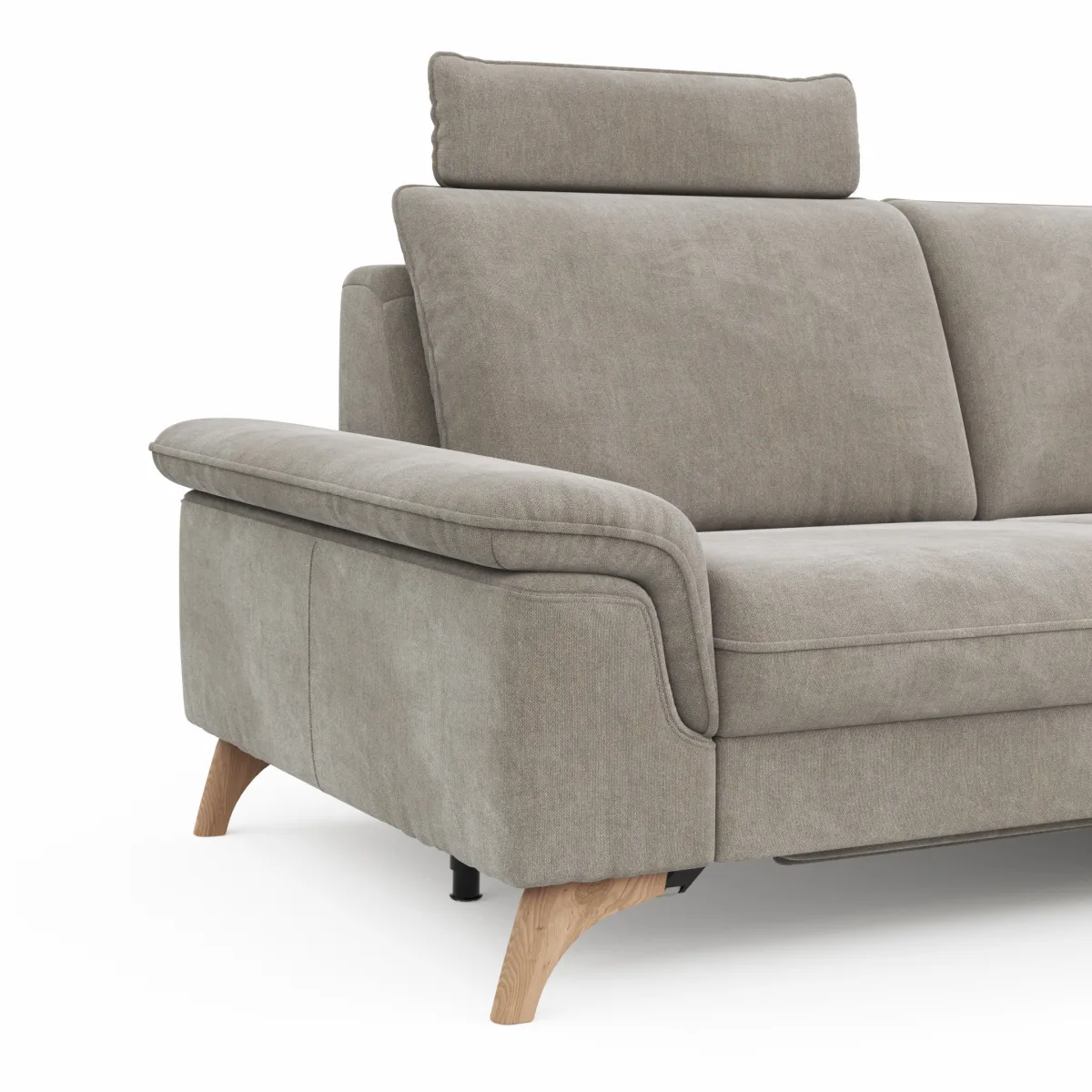 Ecksofa Tulsa KS - 2,5-Sitzer, Spitzecke und 1,5-Sitzer mit Anstellhocker aufklappbar rechts, inkl. Kopfstütze, AL verstellbar und Schlaffunktion, Stoff, Graubeige – Bild 3