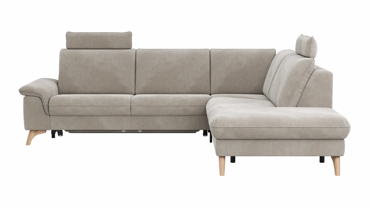 Ecksofa Tulsa KS - 2,5-Sitzer, Spitzecke und 1,5-Sitzer mit Anstellhocker aufklappbar rechts, inkl. Kopfstütze, AL verstellbar und Schlaffunktion, Stoff, Graubeige – Bild 2