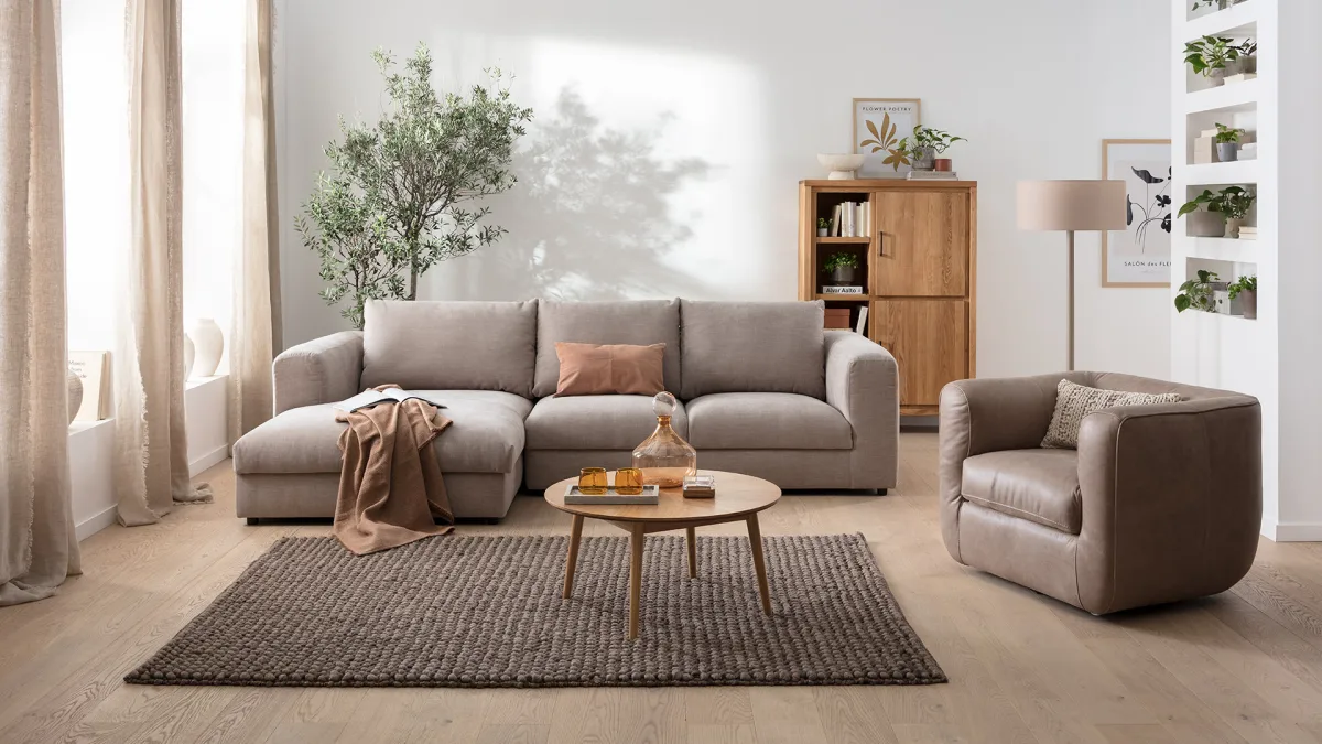 Ecksofa Stormy - Longchair links mit 2,5-Sitzer, Stoff, Graubeige – Bild 5