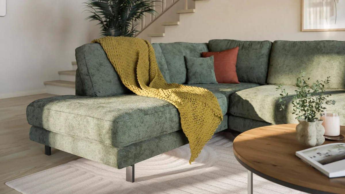 Ecksofa Solenne - Ottomane links mit Diwan rund rechts, Stoff, Olive – Bild 3