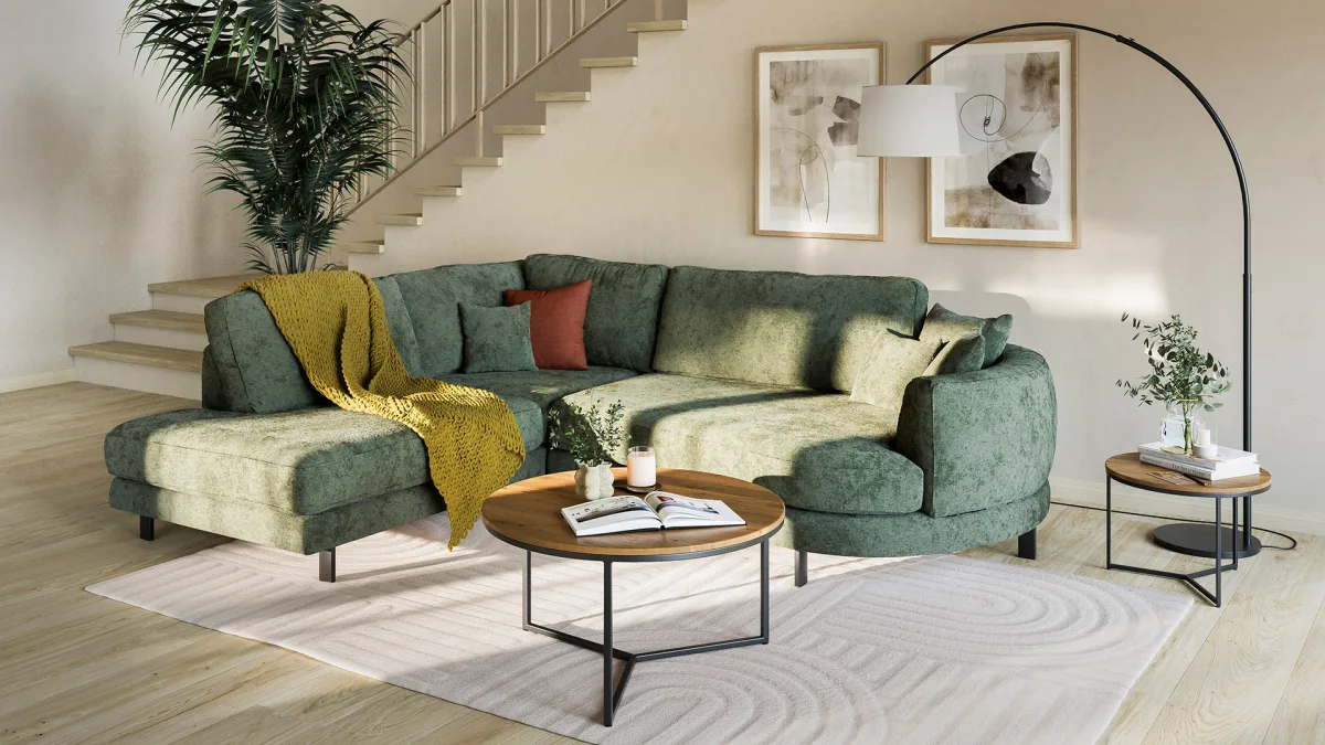 Ecksofa Solenne - Ottomane links mit Diwan rund rechts, Stoff, Olive – Bild 5