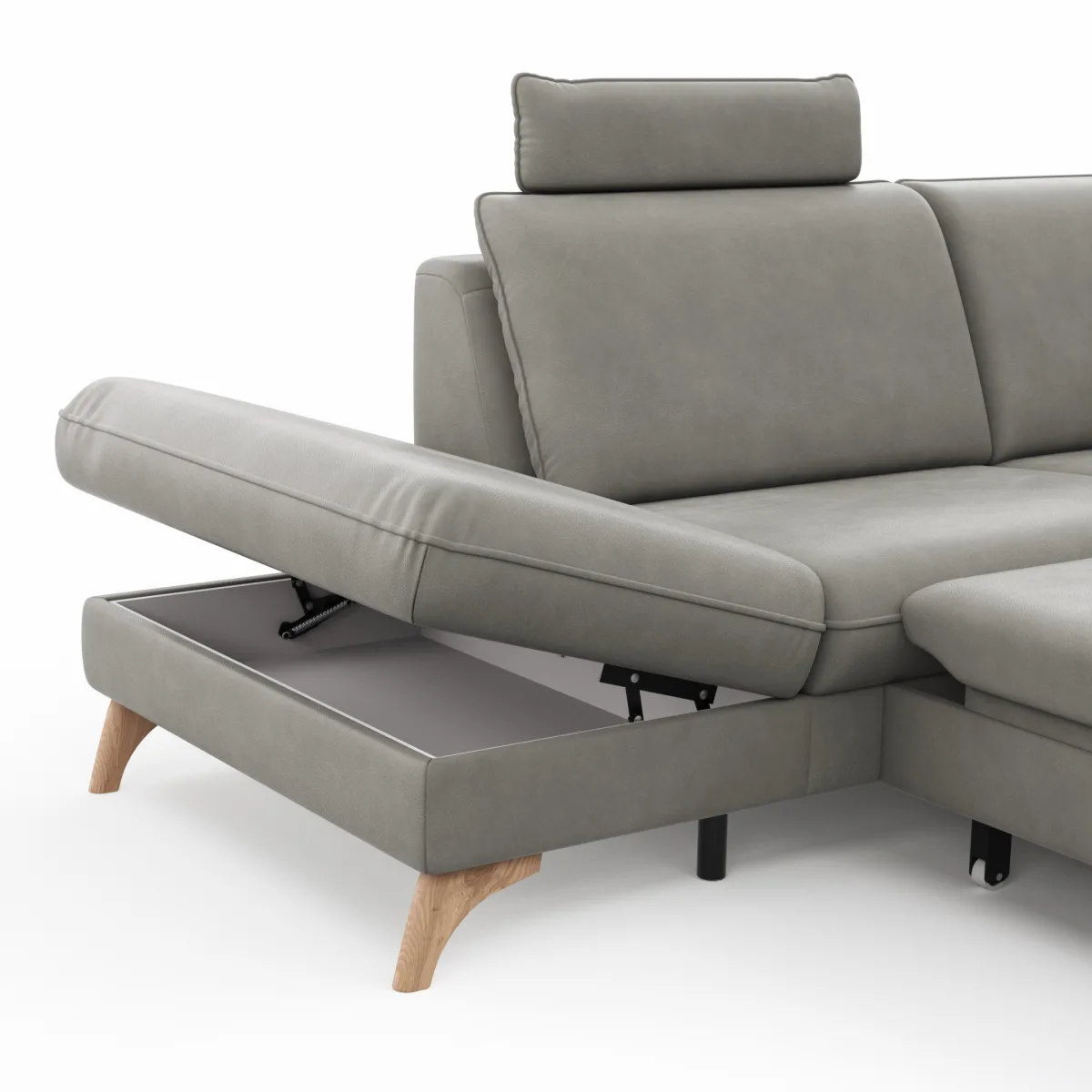 Ecksofa Tulsa KS - 1,5-Sitzer mit Anstellhocker aufklappbar links, Spitzecke und 2,5-Sitzer rechts, inkl. Kopfstütze, AL verstellbar und Schlaffunktion, Leder, Graubeige – Bild 4