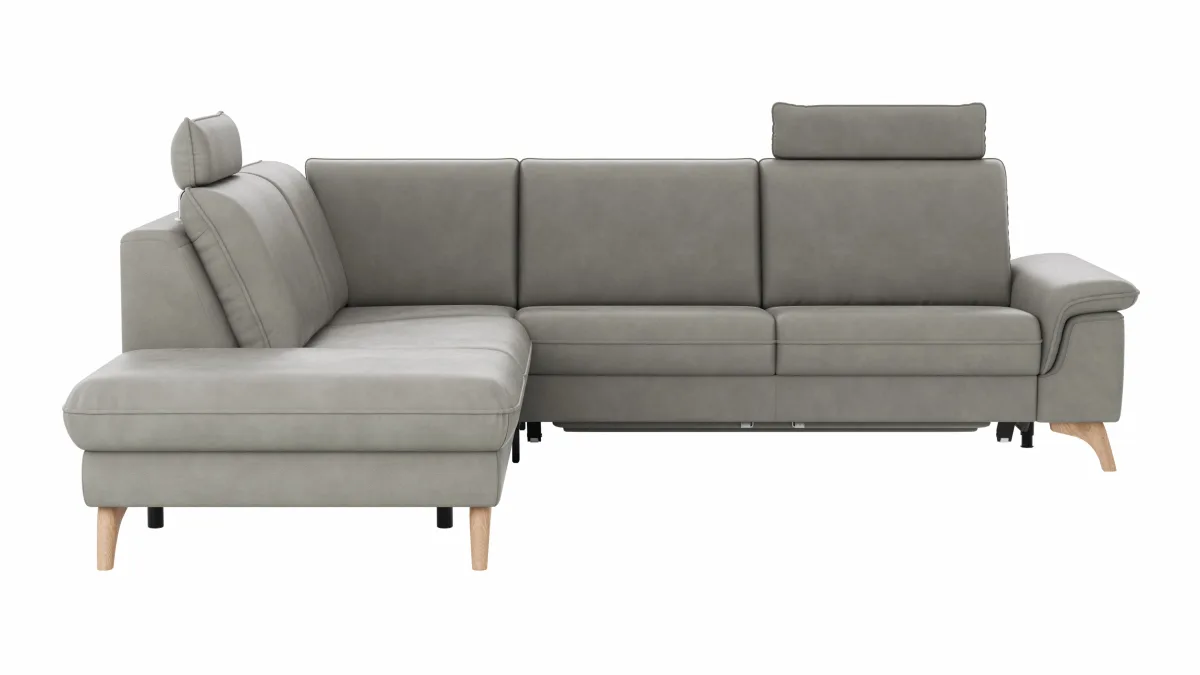Ecksofa Tulsa KS - 1,5-Sitzer mit Anstellhocker aufklappbar links, Spitzecke und 2,5-Sitzer rechts, inkl. Kopfstütze, AL verstellbar und Schlaffunktion, Leder, Graubeige – Bild 2