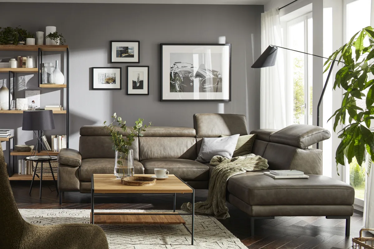 Ecksofa Hudson - 2,5-Sitzer mit Ecke rechts, inkl. Kopfteil/Armlehne verstellbar und Sitzvorzug/Relaxfunktion (motorisch), Leder, Braungrün – Bild 5