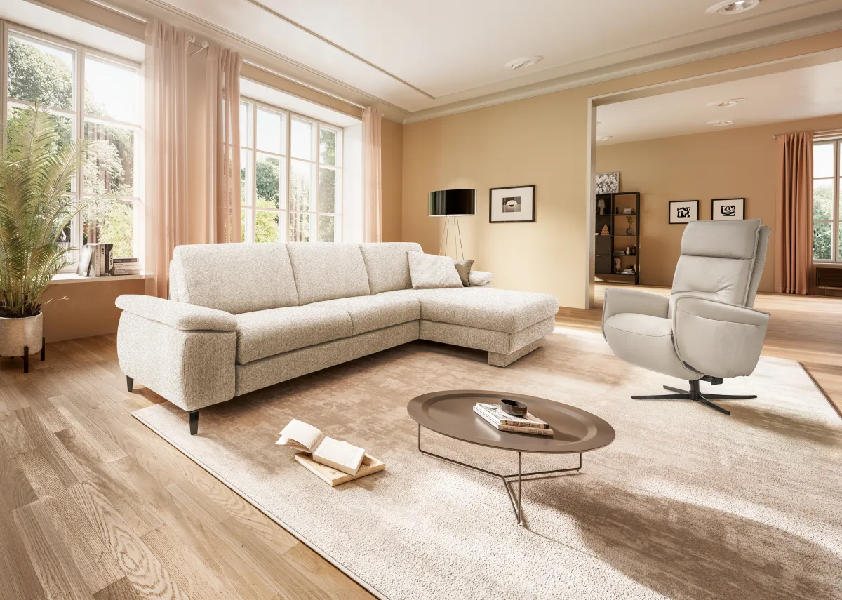 Ecksofa Colombia - 2,5-Sitzer mit Longchair rechts, Armlehne verstellbar, Stoff, Natur – Bild 3