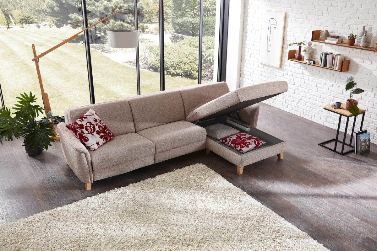 Ecksofa Mendoza - 2,5-Sitzer mit Longchair rechts, Bettkasten, Stoff, Bordeaux – Bild 5