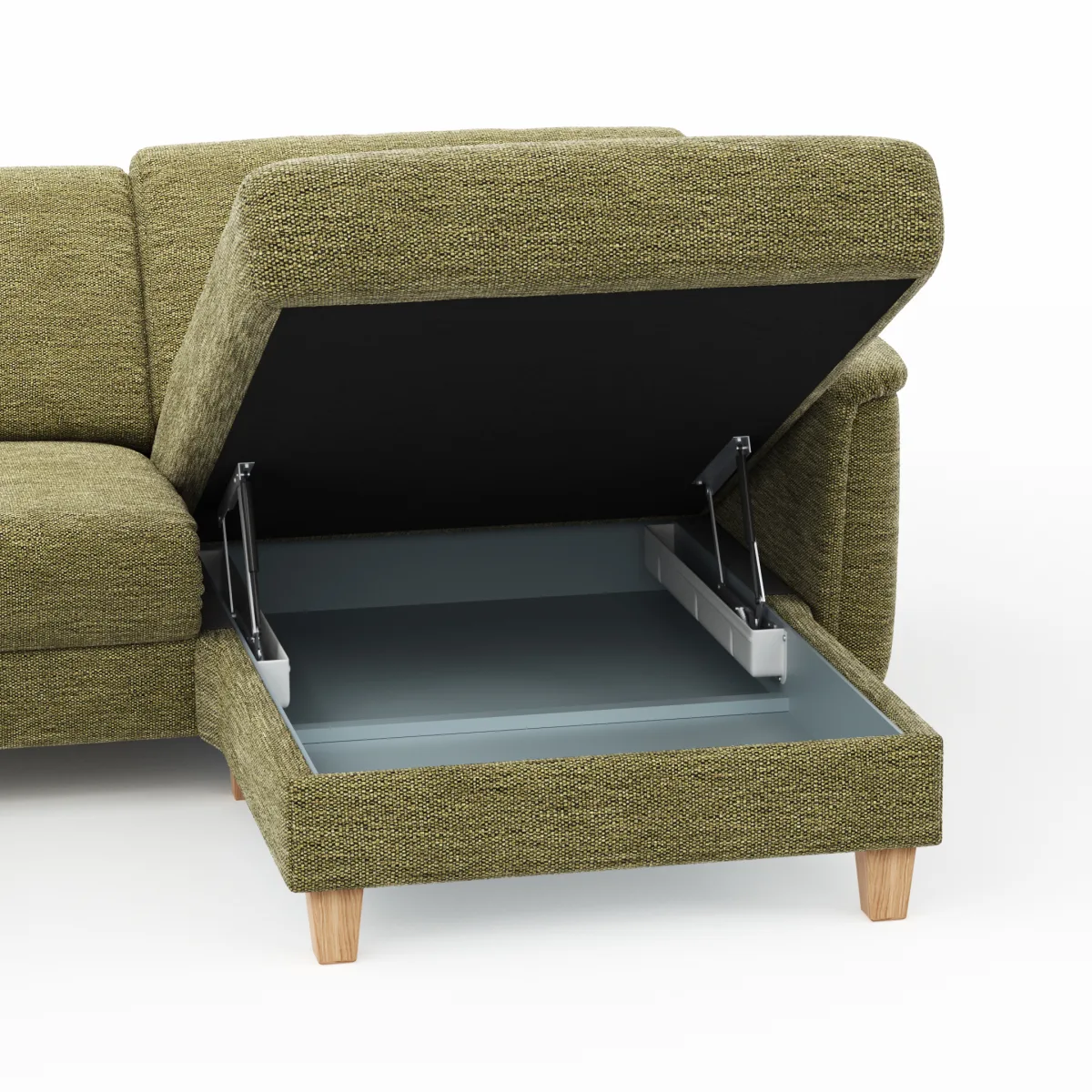 Ecksofa Mendoza - 2,5-Sitzer mit Longchair rechts, Relaxfunktion motorisch, Bettkasten, Stoff, Moos – Bild 3