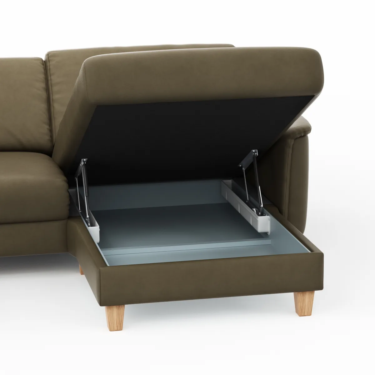 Ecksofa Mendoza - 2,5-Sitzer mit Longchair rechts, Relaxfunktion motorisch, Bettkasten, Leder, Braungrün – Bild 4