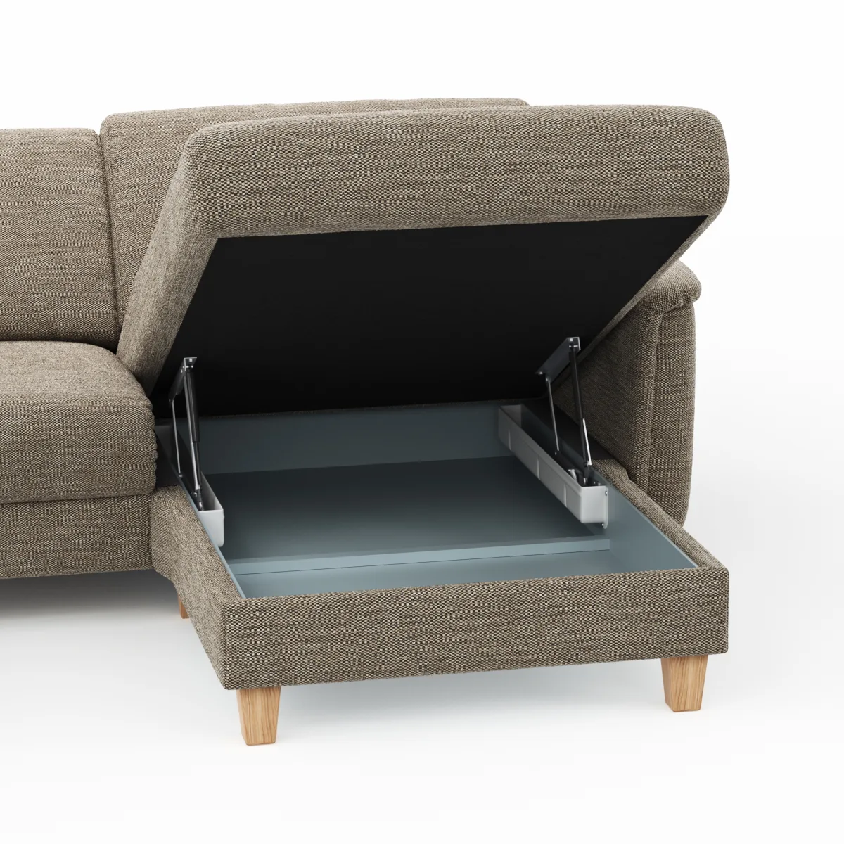 Ecksofa Mendoza - 2,5-Sitzer mit Longchair rechts, Relaxfunktion motorisch, Bettkasten, Stoff, Latte – Bild 4