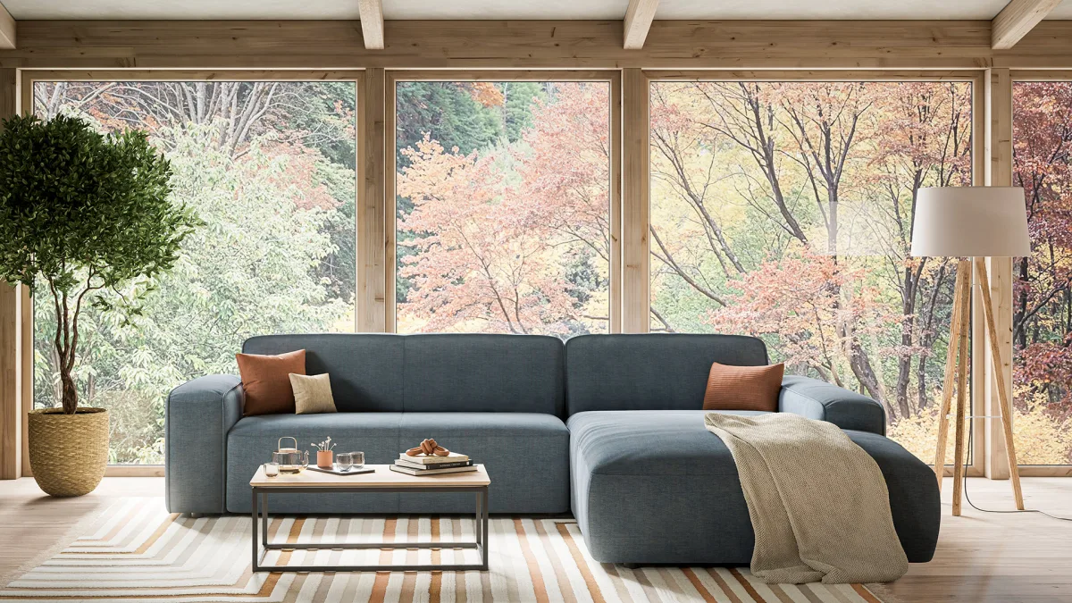 Ecksofa Denver - 2,5-Sitzer mit Longchair rechts, Stoff, Blau – Bild 5