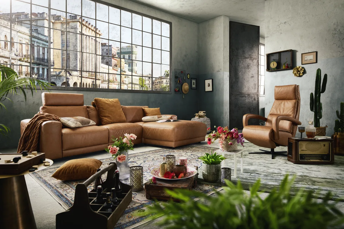 Ecksofa Balok - 2,5-Sitzer mit Longchair groß rechts, inkl. Relaxfunktion (motorisch) und Kopfstütze, Leder, Cognac – Bild 6