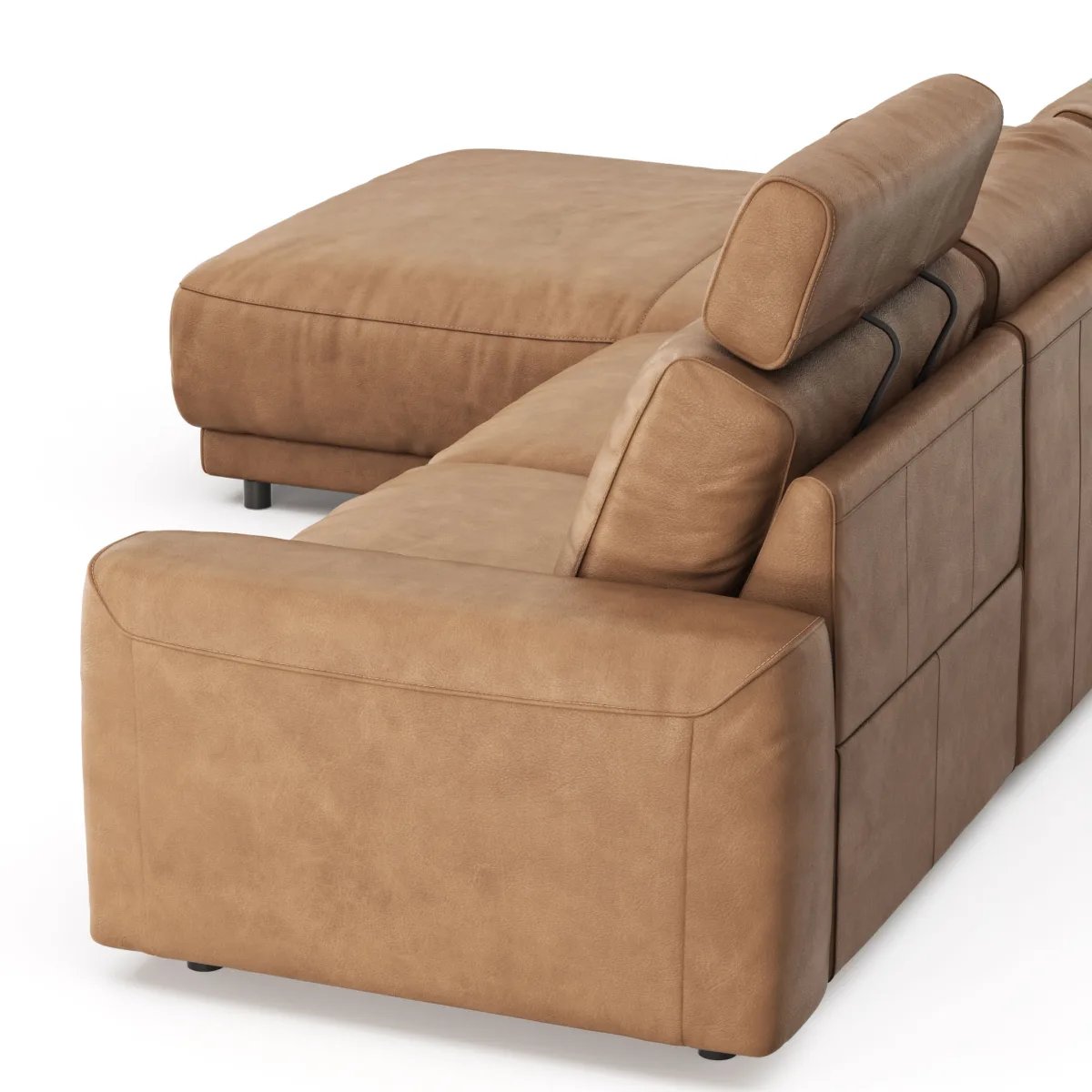 Ecksofa Balok - Longchair groß rechts mit 2,5-Sitzer, inkl. Relaxfunktion (motorisch) und Kopfstütze, Leder, Cognac – Bild 4