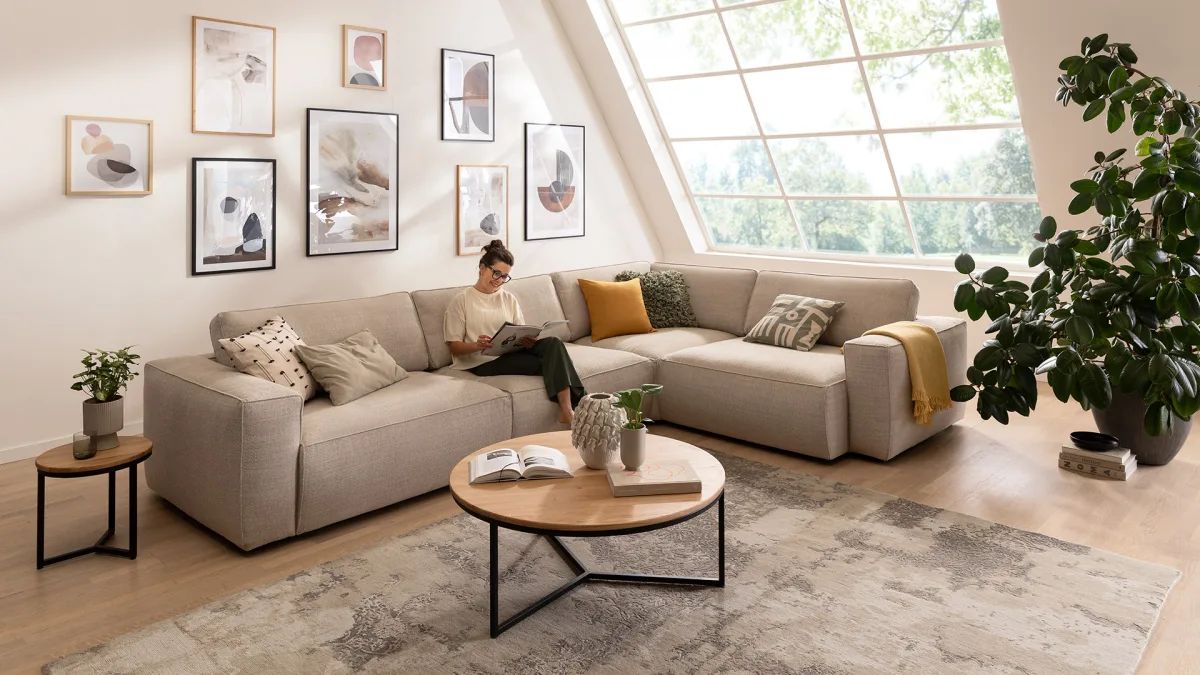 Ecksofa Lilaia - 3-Sitzer XL links, Ecke mit 1,5-Sitzer XL Tief, Stoff, Kaschmir – Bild 5
