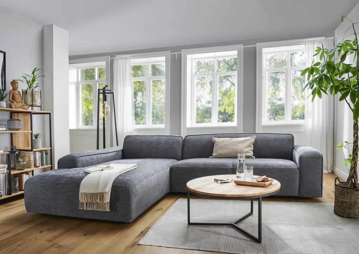 Ecksofa Denver - Longchair links mit 2,5-Sitzer, Stoff, Blau – Bild 5