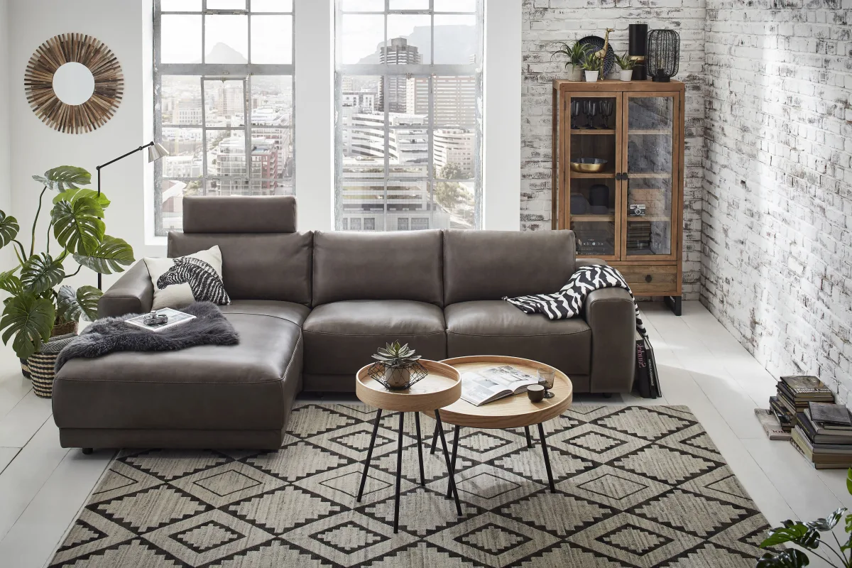 Ecksofa Balok - Longchair groß links mit 2,5-Sitzer, Leder, Braungrün – Bild 3